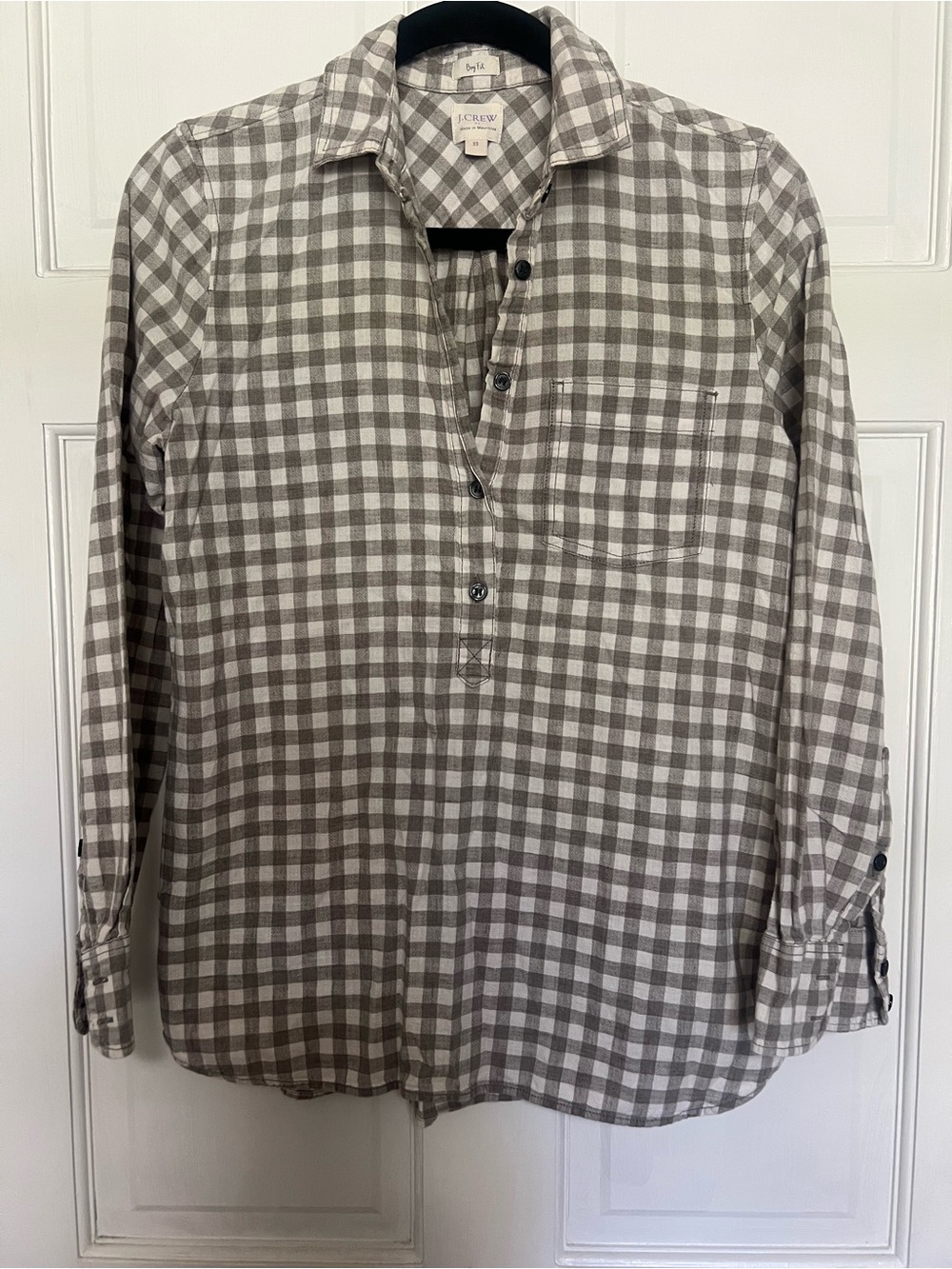 J. Crew Women's Gray and White Gingham Button-Down Shirt